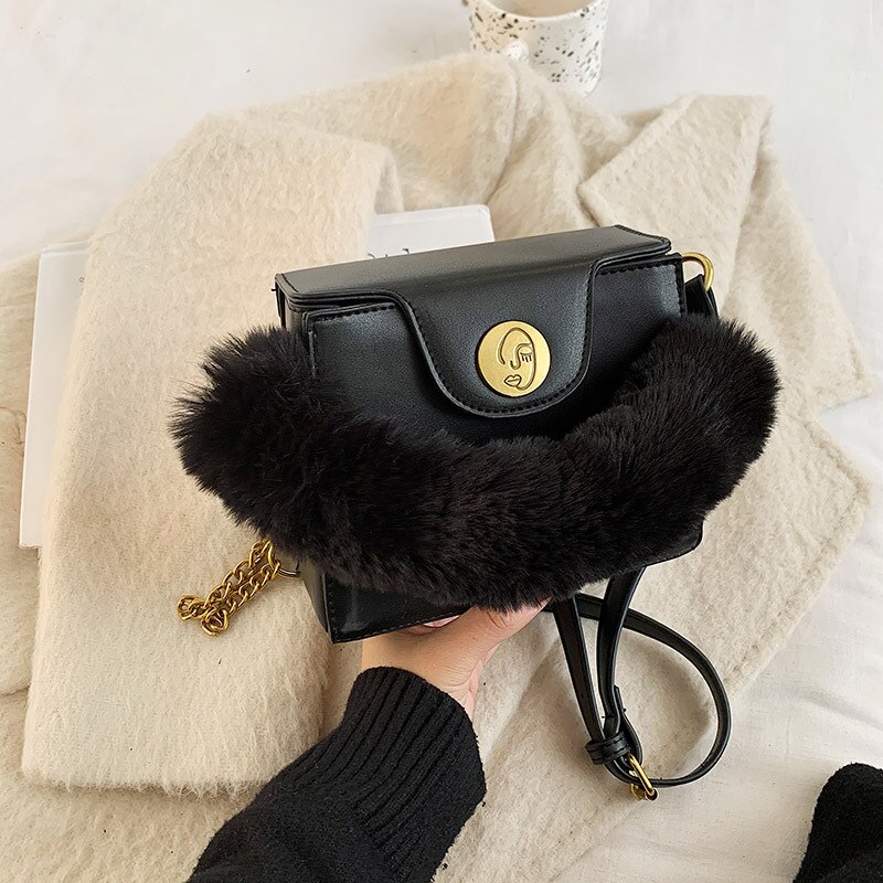 Miękki pluszowy zimowy uchwyt dużego ciężaru torba modny projektant kobiet torba na ramię wysoki sens łańcucha torba typu posłaniec rozrywka pani kopertówka: czarny