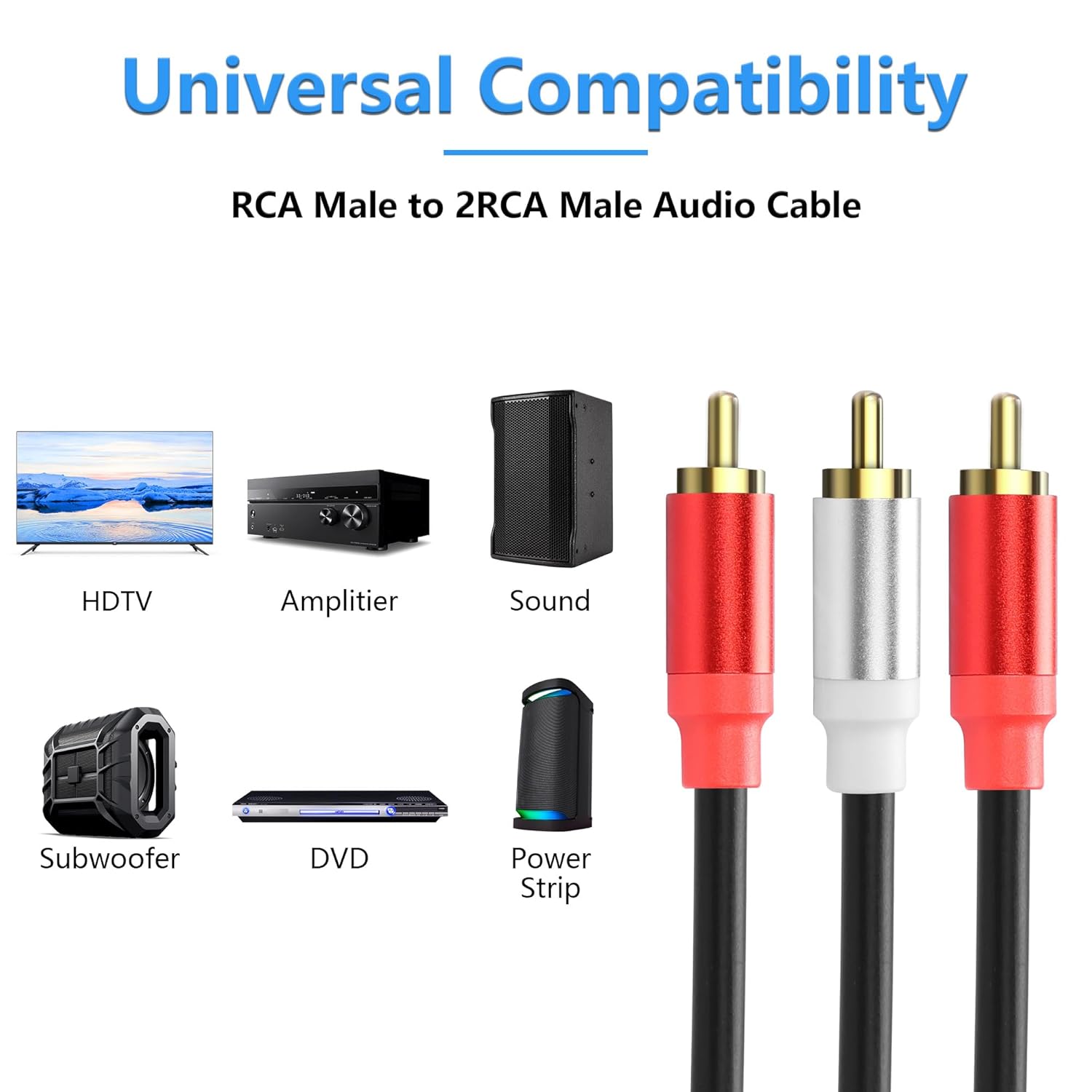 Rca y-splitterkabel rca  to 2 rca stereolyd subwooferkabel hann-til-hann splitter lydkabel for forsterker høyttalerlyd tv