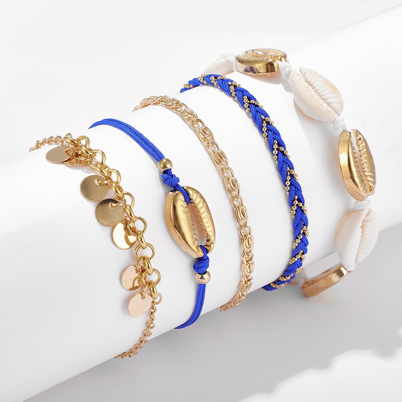 Gold Color Shell Anklet for Women Bracelet on Leg Blue Weave Rope Foot Chain Circle Sequins Ankle Bohemian Beach Jewelry: Default Title