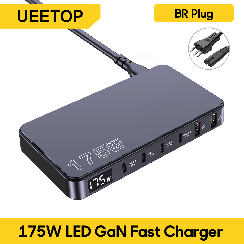 Ueetop 175w gan usb c laddare led-skärm 6- portars bordsladdare typ c  pd 100w pps 45w snabbladdning för macbook samsung iphone: Br