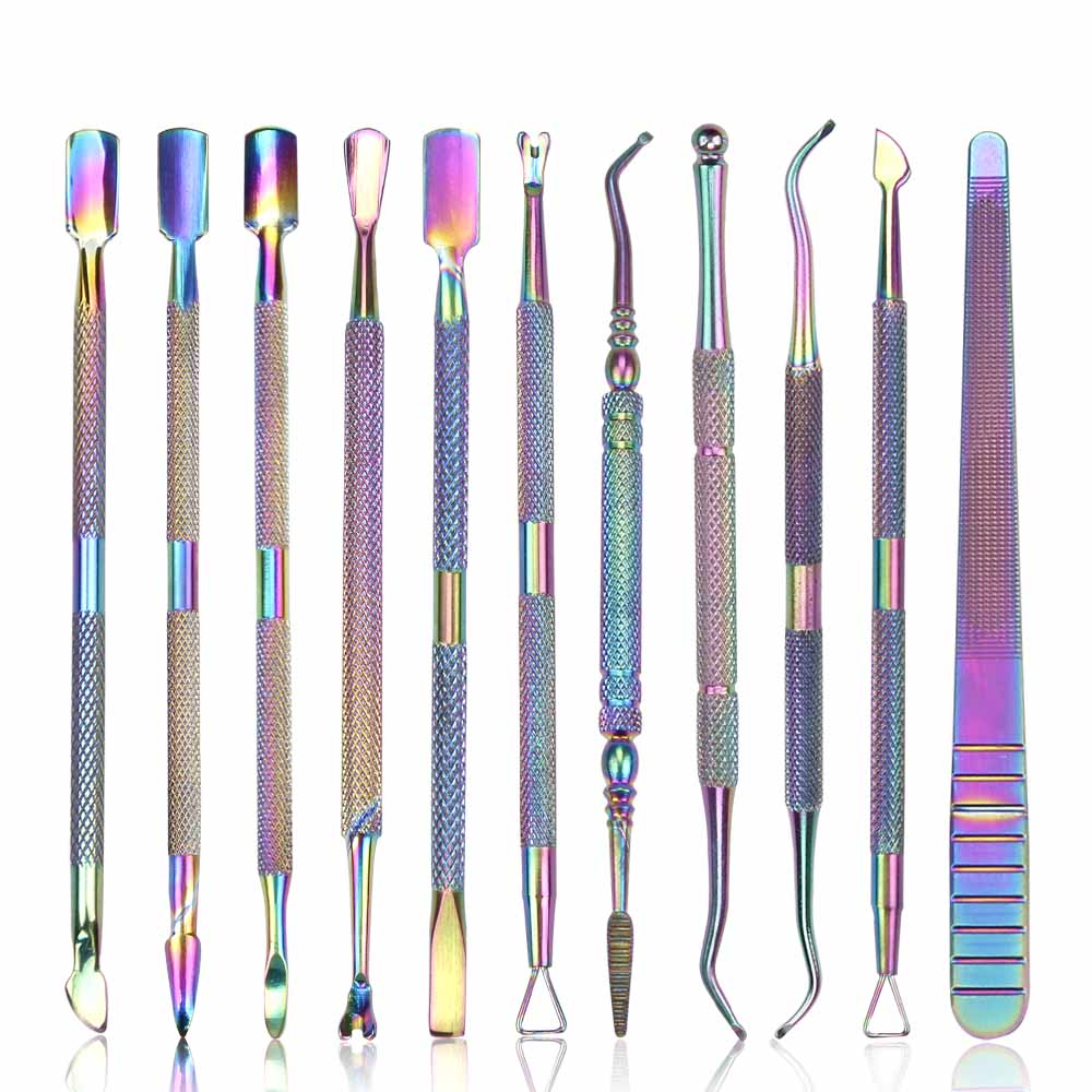 1 Juego de empujador de cutículas de uñas Acero inoxidable titanio Arco Iris cortauñas producto para eliminar la piel muerta tijera alicate manicura herramienta de cuidado de uñas: 11pcs