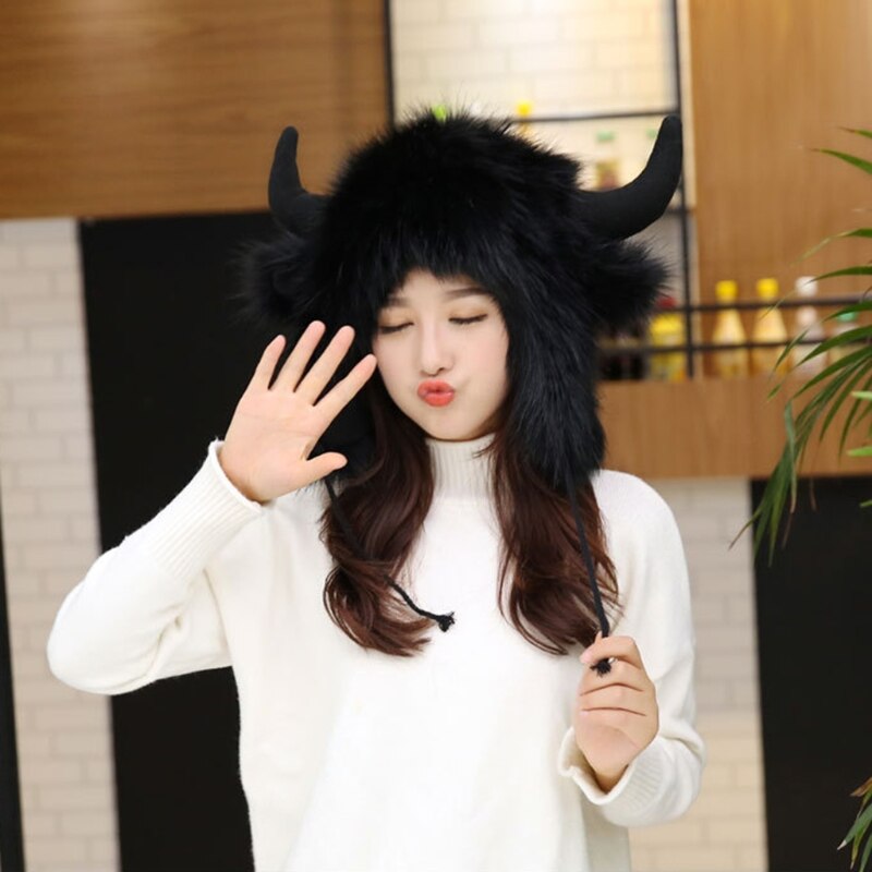 Women Men Winter Furry Plush Snow Trapper Hat Cute Ox Horns Deer Antlers Fluffy Animal Cap with Ear Flap Cosplay Earmuff