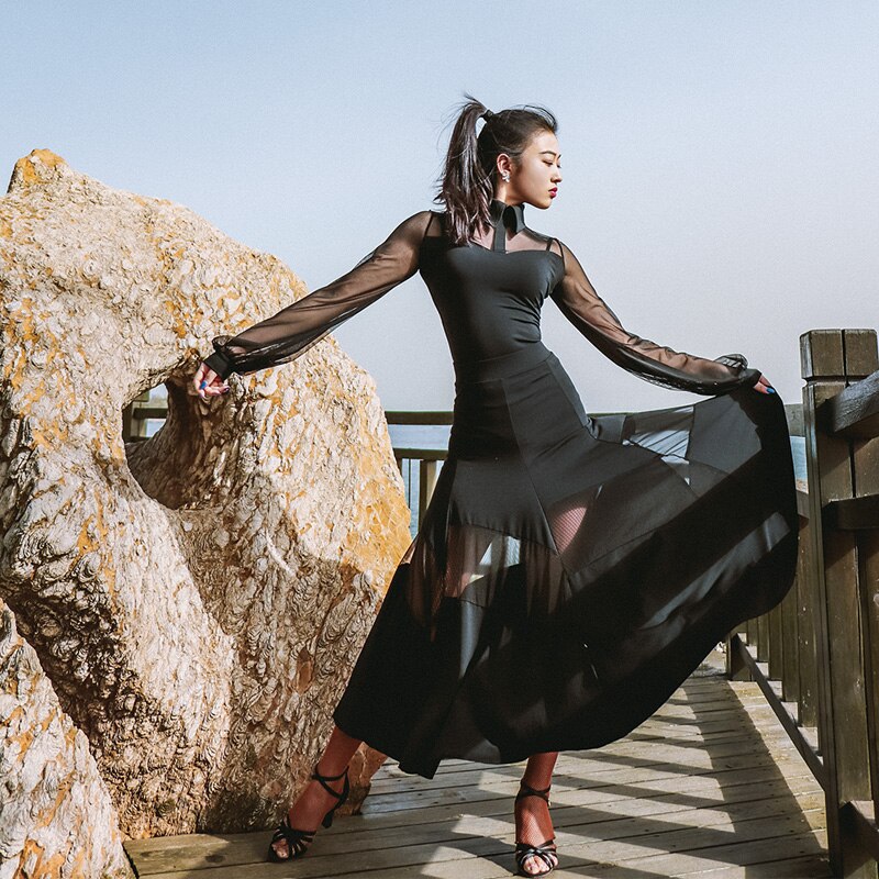 Ballroom Dress Black Sexy Perspective Mesh Standard Dance Dresses Waltz Stage Wear Flamenco Festival Clothing Rave Outfit DN5933