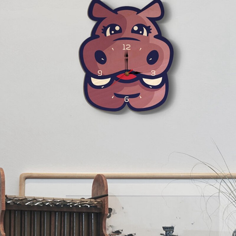 Houten Wandklok Kinderkamer Decor Wandklok Cartoon Stille Wandklok Hippo Wandklok