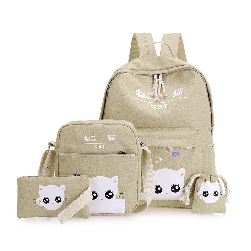 4 ensembles/pcs sac à dos scolaire mignon chats cartable sacs d'école pour filles sac à dos orthopédique enfant sac d'école pour filles sac à dos Mochila: Khaki