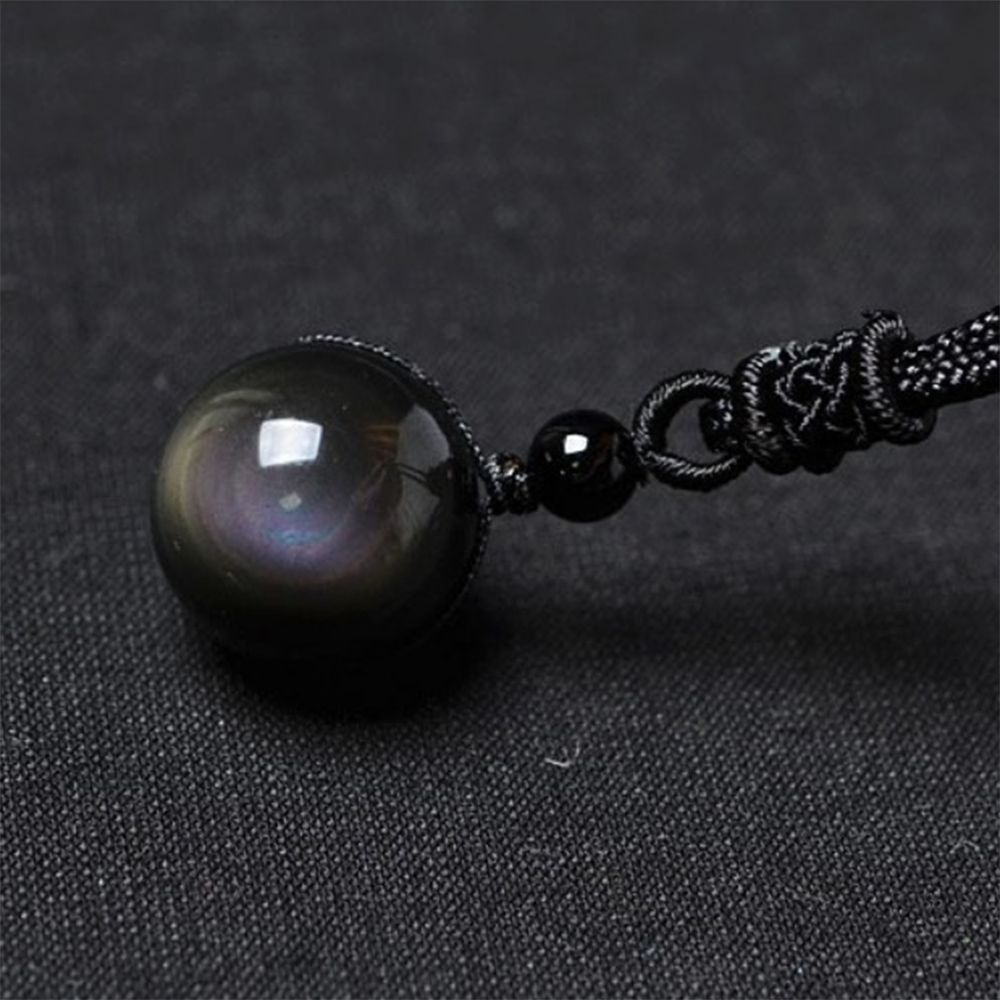 Schwarz Obsidian Regenbogen Auge Perle Ball Natürliche Stein Halskette Anhänger 16mm Übertragen Glück Felsen Kristall Schmuck Seil Frauen Männer