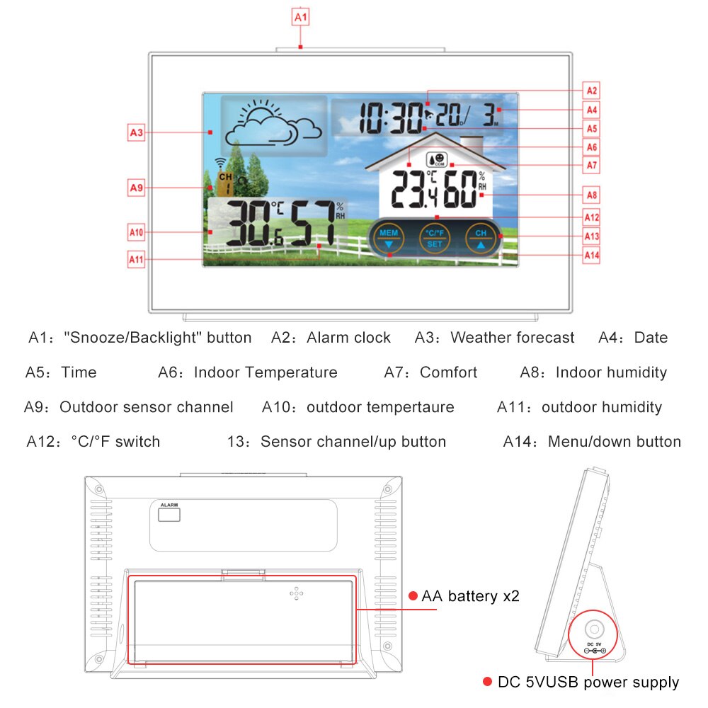 FanJu-estación meteorológica Digital, reloj despertador con pantalla táctil, medidor de temperatura y humedad, escritorio de mesa, Sensor inalámbrico para exteriores
