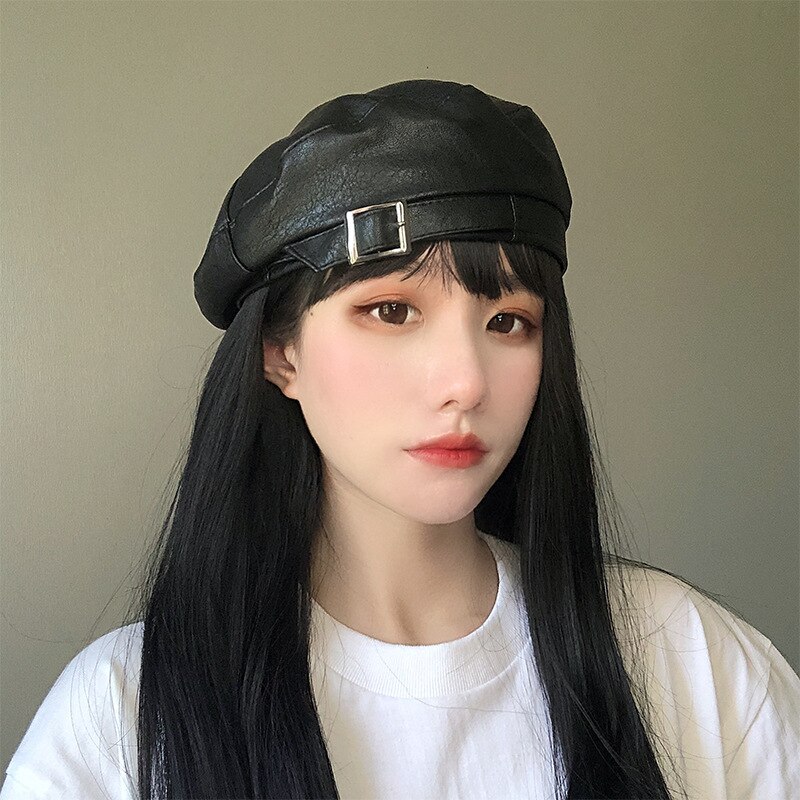 Béret en cuir Pu pour femme K186, chapeau rétro à boucle en fer, casquette de peintre sauvage, octogonal, Kepi, chapeau d&#39;automne: Black