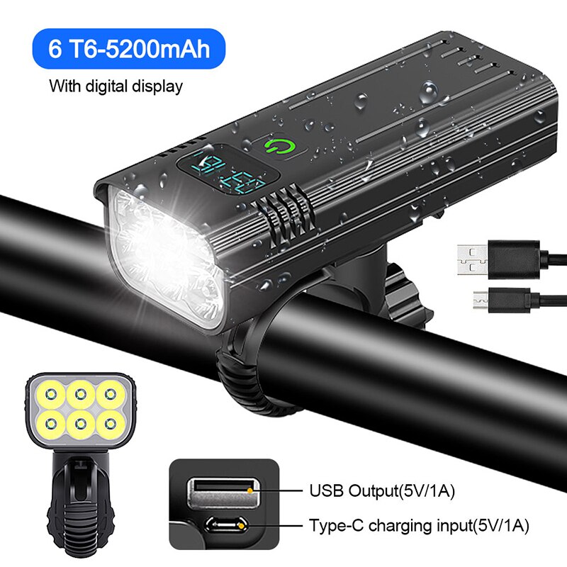 USB Vorderseite Fahrrad Licht 5 LED Fahrrad Lenker Lampe Digital Anzeige Radfahren Taschenlampe mit Typ-C Ladung Energie Bank Funktion: 6LED Vorderseite hell