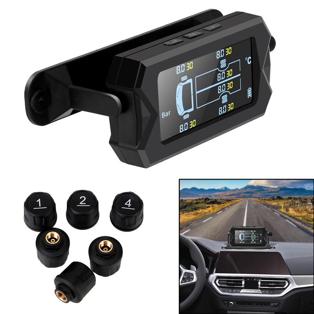 Truck Tpms Met 6 Externe Sensoren Wireless Solar Bandenspanningscontrolesysteem Auto Rv Digitale Lcd Alarm