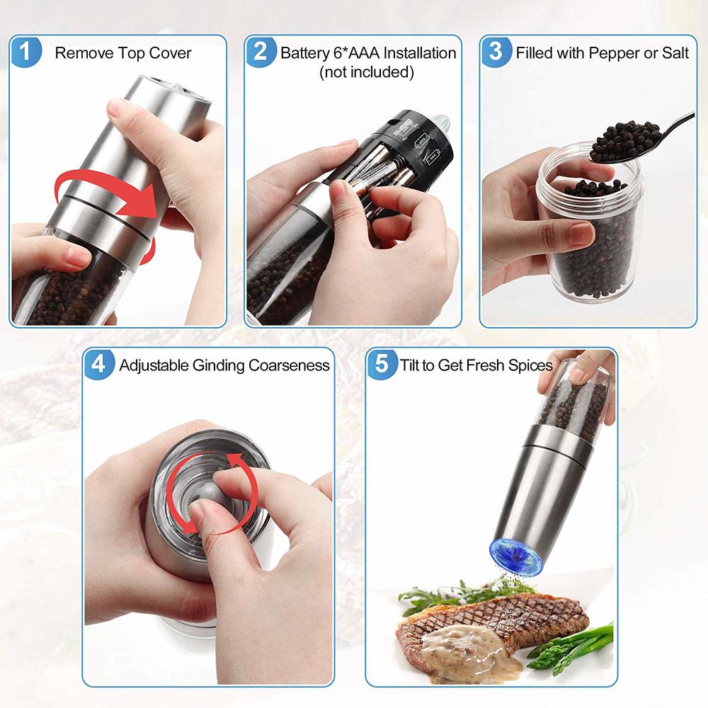 BEEMAN Electric Salt and Pepper Grinder Stainless Steel Automatic Gravity Induction Pepper Mill Kitchen Spice Grinders Tools