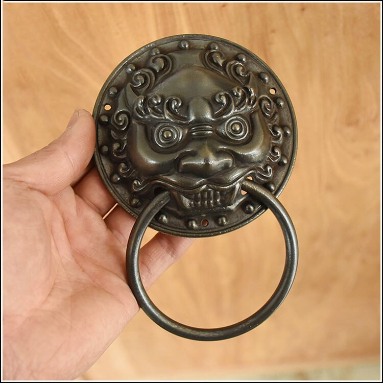 Timbre de puerta antiguo chino Dia 9,8 cm antiguo de cobre puro León cabeza puerta manija Puerta de cajón tirador de puerta Puerta de puerta manija de la puerta