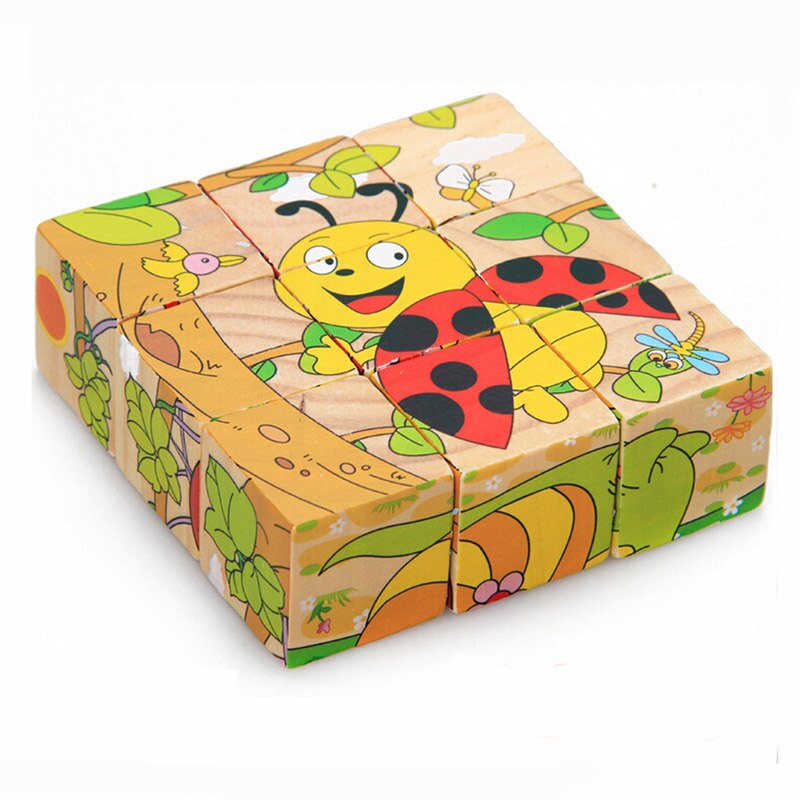 Kid Houten Cartoon Dier Puzzel Speelgoed 6 Zijden Wijsheid Jigsaw Early Education Learning Speelgoed Voor Kinderen Spel 9 Pcs Enkele 3D Puzzel