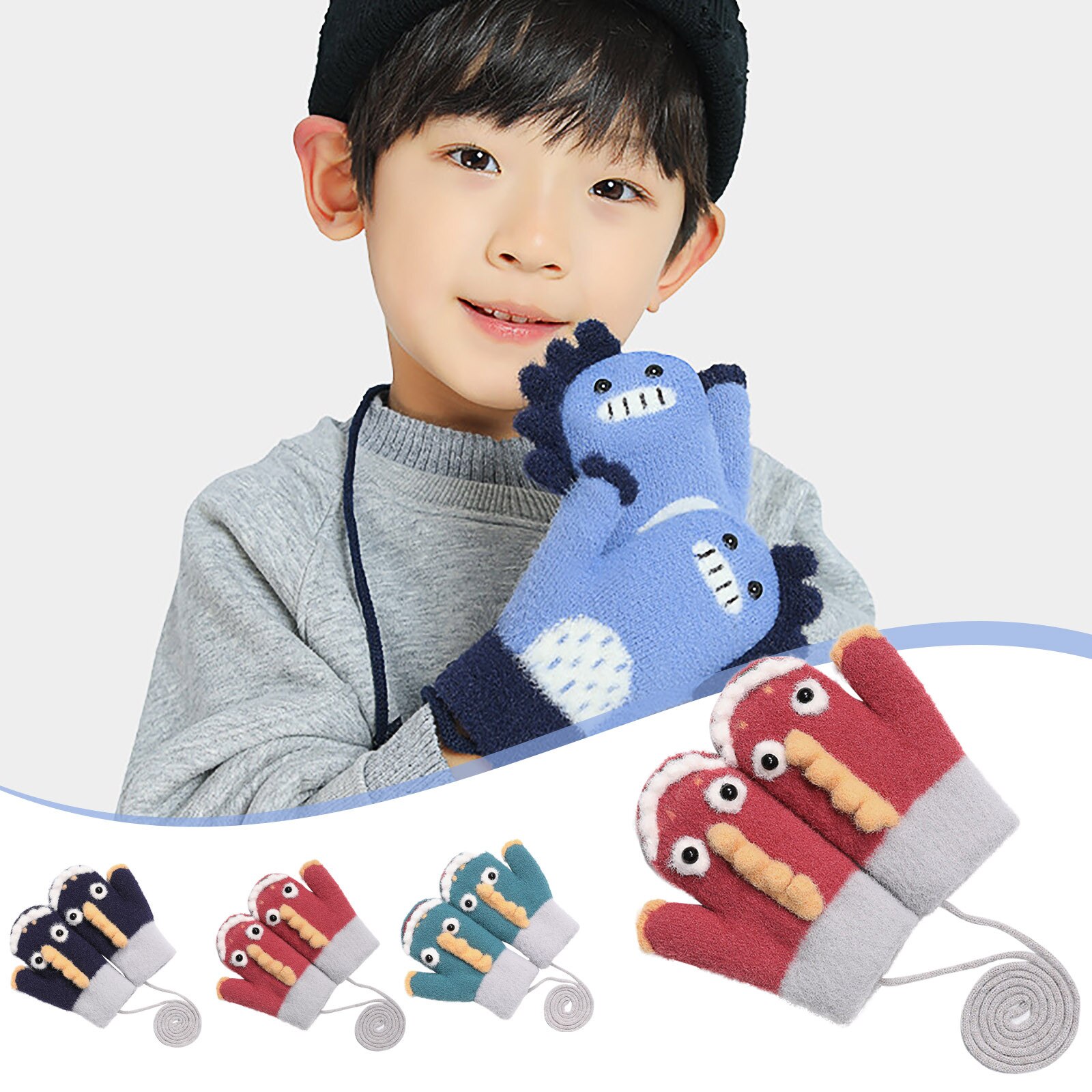 Winter Dinosaurier freundlicher Handschuhe Karikatur Volle Finger warm Verdicken Fäustlinge Winter SchöNe Handschuhe Windschutz Handschuhe Варежки Детские