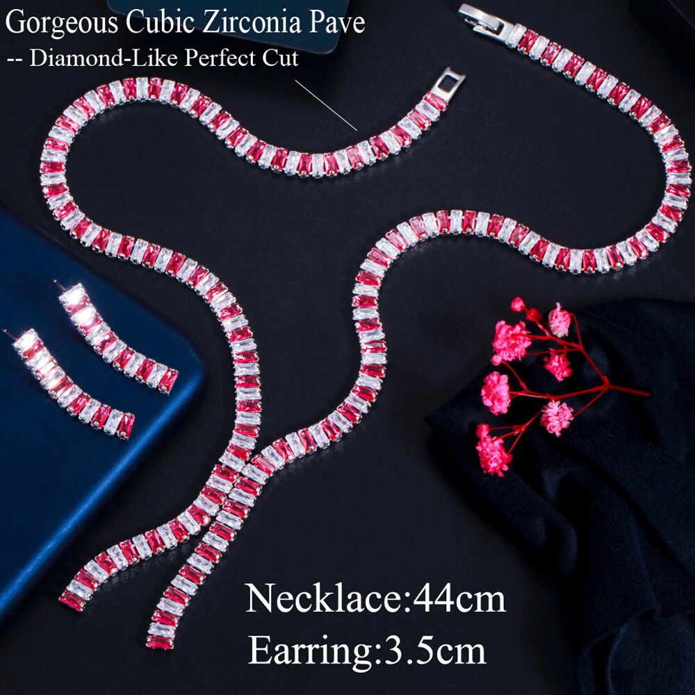 Threegraces Romantische Glanzend Witte Zirconia Vierkante Dangle Oorbellen En Ketting Bruids Bruiloft Sieraden Set Voor Bruiden TZ606