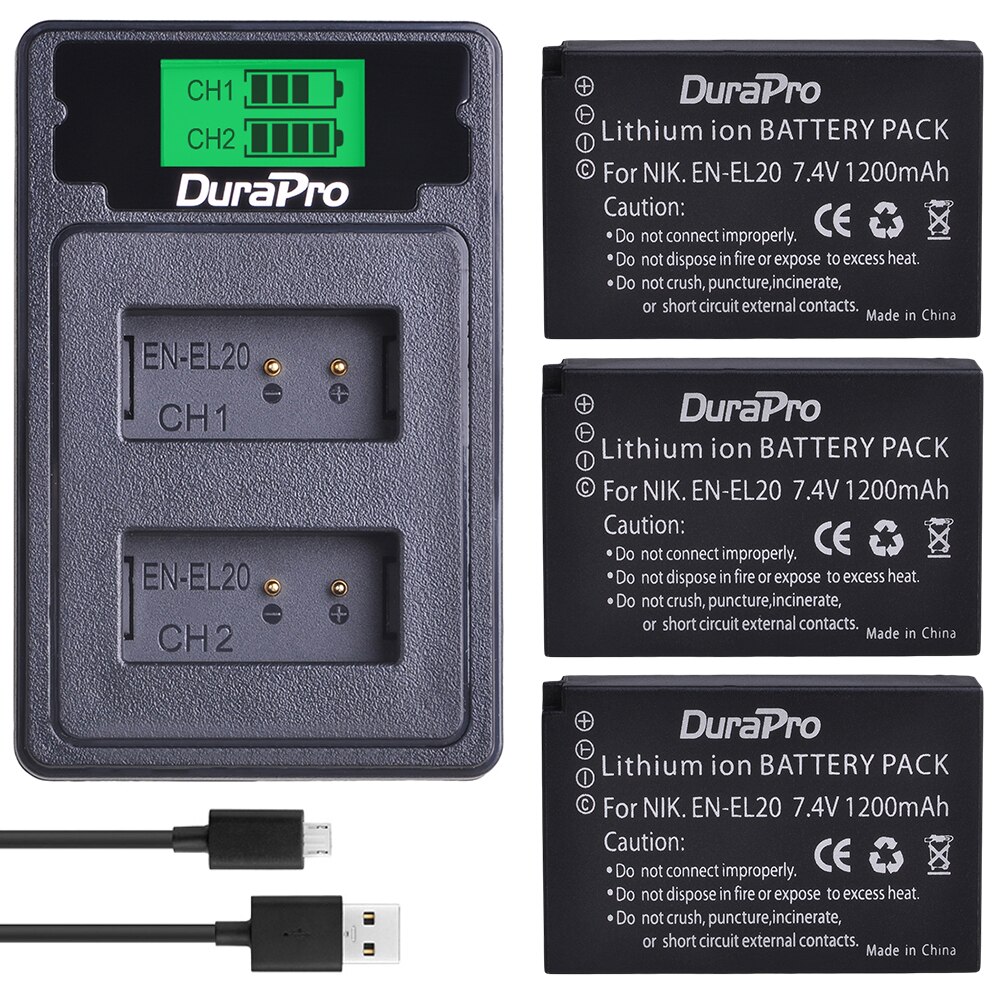 No -el20 en-el20a batteri + lcd dobbel lader for nikon coolpix  p1000, 1 j1, 1 j2, 1 j3, 1 s1, 1 v3,  coolpix a, coolpix  a 1: 3 batterier 1 lader