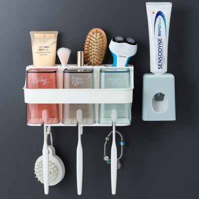 Punch-livre fixado na parede suporte de escova de dentes lavagem conjunto de copo da boca do banheiro copo escova de dentes do agregado familiar copo de creme dental squeezer rack: B1