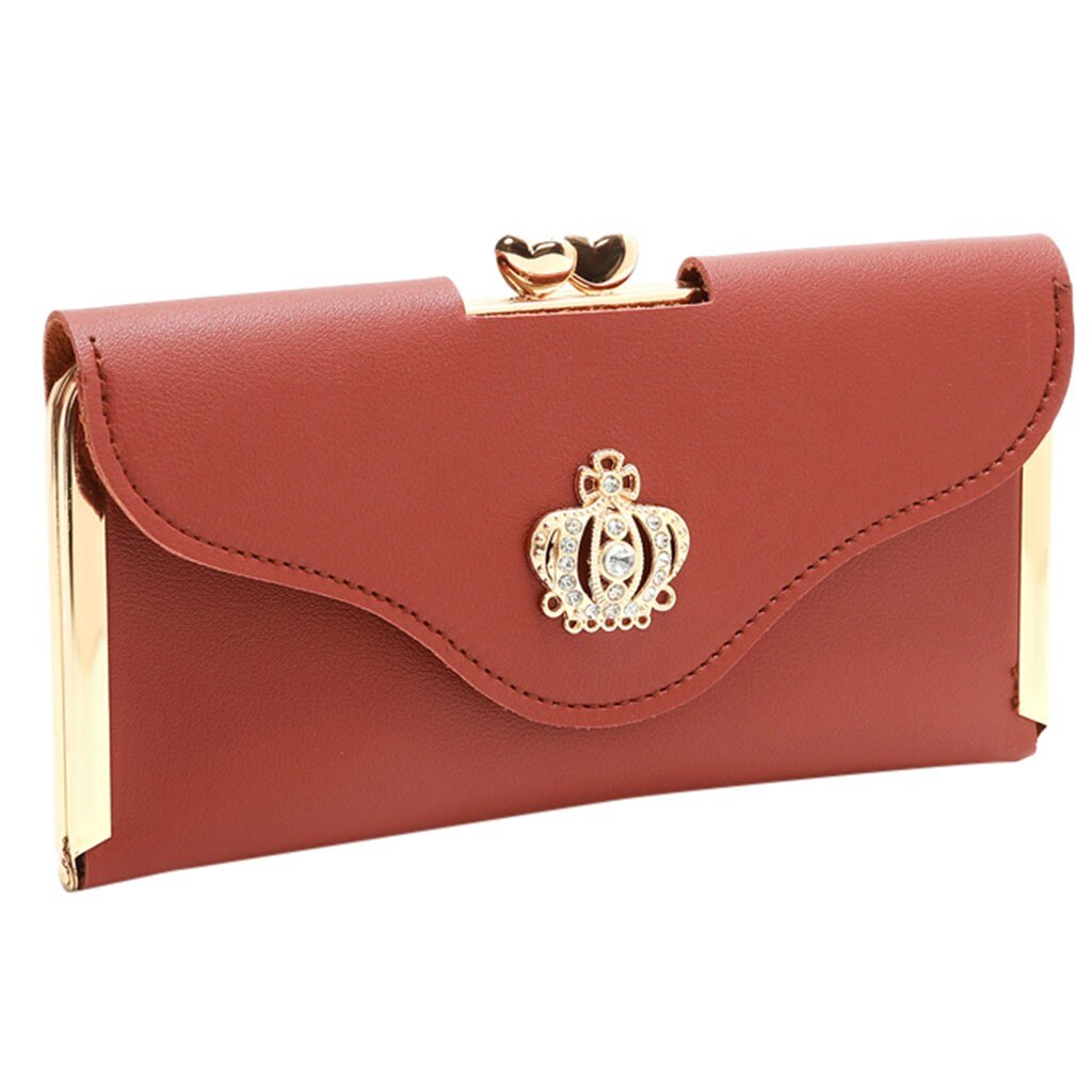 Clutch Bag Crown Diamond Mobile Phone Bag Ladies Long Evening Purse Vintage Women Leather Wallet Pocket Credit Card: Brown