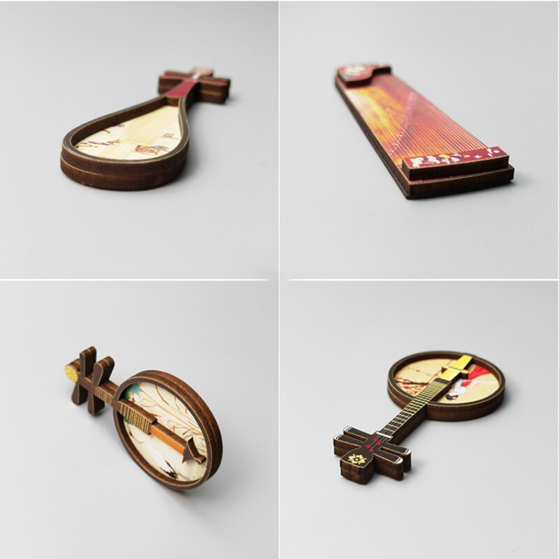 Chinese Style Refrigerator Magnet Classical Folk Music Pipa Yueqin Cartoon Cute Interesting Wooden Refrigerator Magnet Sticker