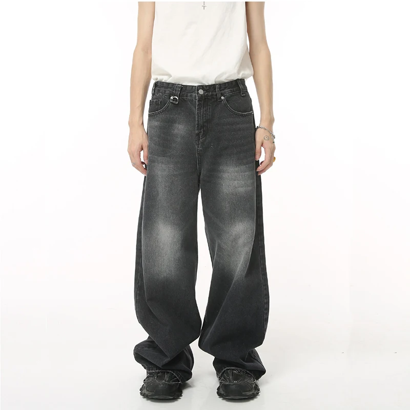 Men's Loose Jeans Black and Gray Retro American Style Straight Wide-leg Floor-length Denim Long Pants Streetwear Male