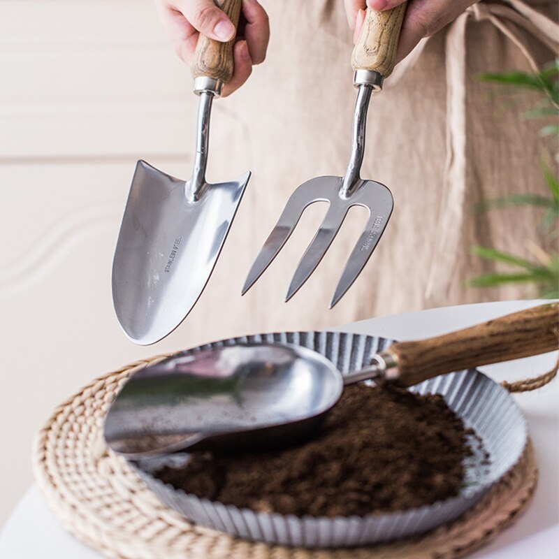 HEVE-conjunto de herramientas de jardinería con mango de madera de acero inoxidable, herramientas para plantas, pala