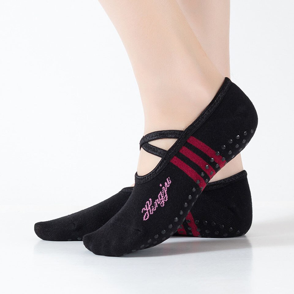 Gobygo 1 par sports yoga sokker tøfler til kvinder anti slip dame dæmpning bandage pilates sok ballet hæl dansebeskytter: Sort