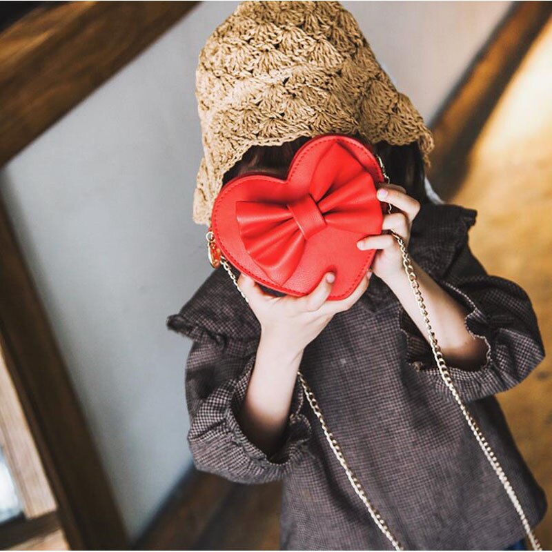 Baby Girls Cute Bow Handbags Heart Shaped Shoulder Bag Solid Color Crossbody Bags Small Purse PU Leather