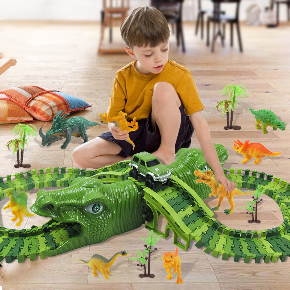 153 Stks/set Elektrische Ras Auto Diy Assemblage Track Puzzel Dinosaurus Scène Kids Speelgoed