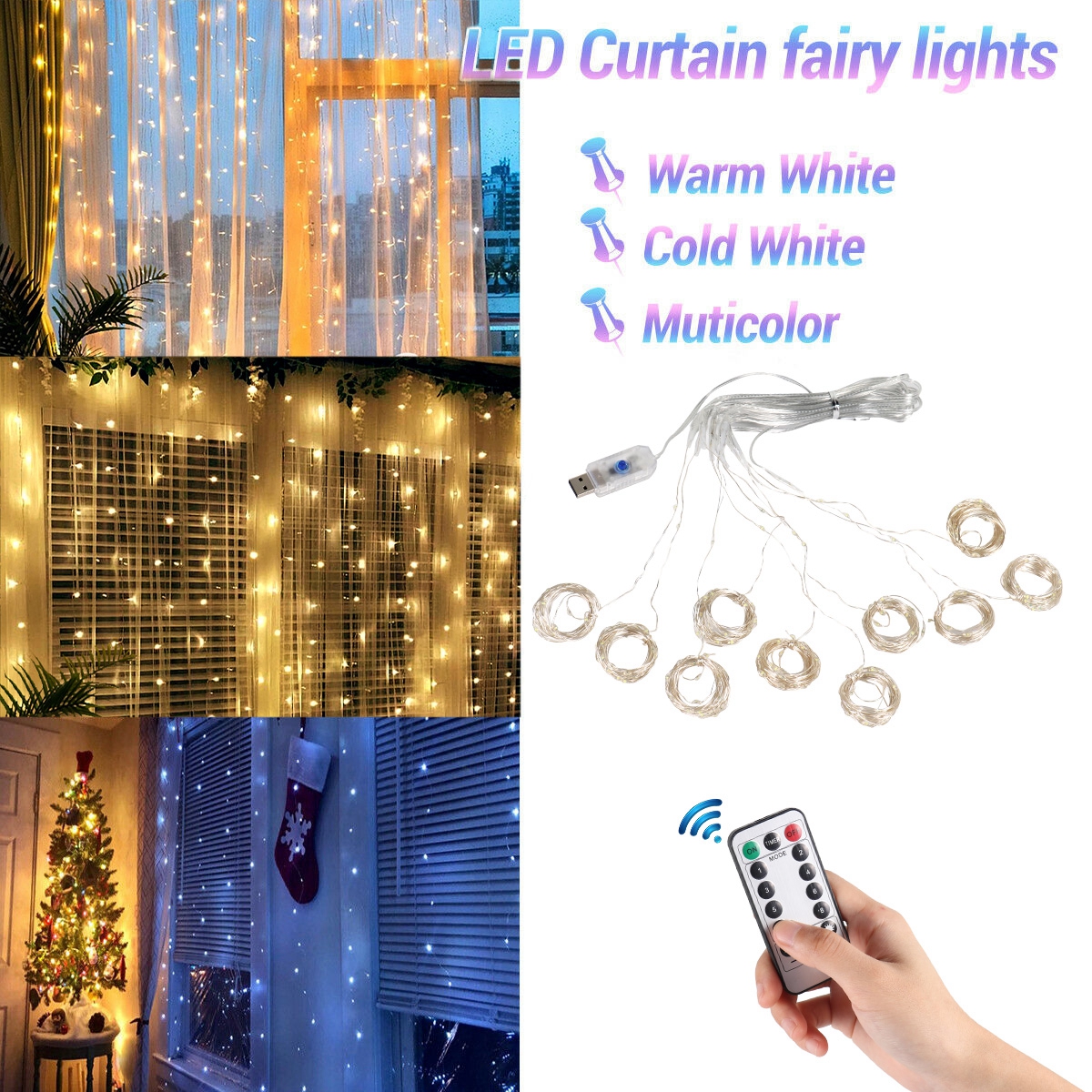 Guirnalda de luces LED para decoración navideña, cortina con Control remoto por USB, luces de hadas para dormitorio y hogar