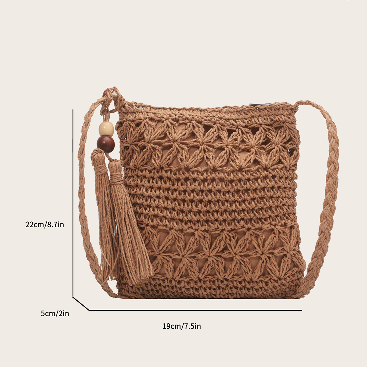 Bolso de playa cuadrado de paja tejida para mujer, detalle de flecos ligero, cierre de cremallera, perfecto para vacaciones y salidas de verano ﻿ bolso