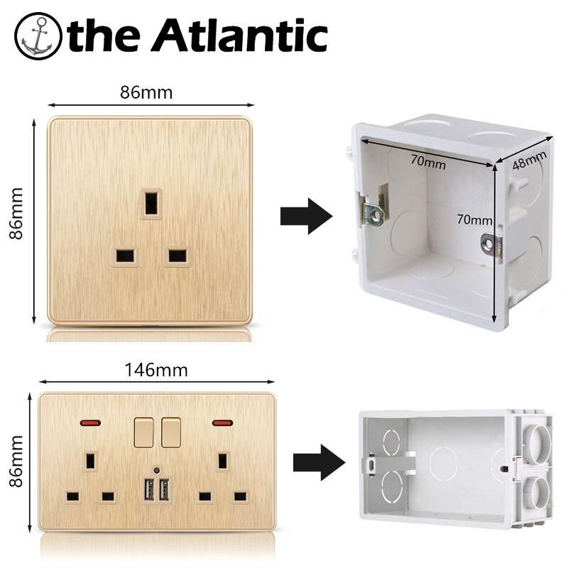 Atlectric UK Standard Plug Socket Household Wall Power Electrical Socket Switch Control Socket 13A Outlet Aluminum Alloy Panel