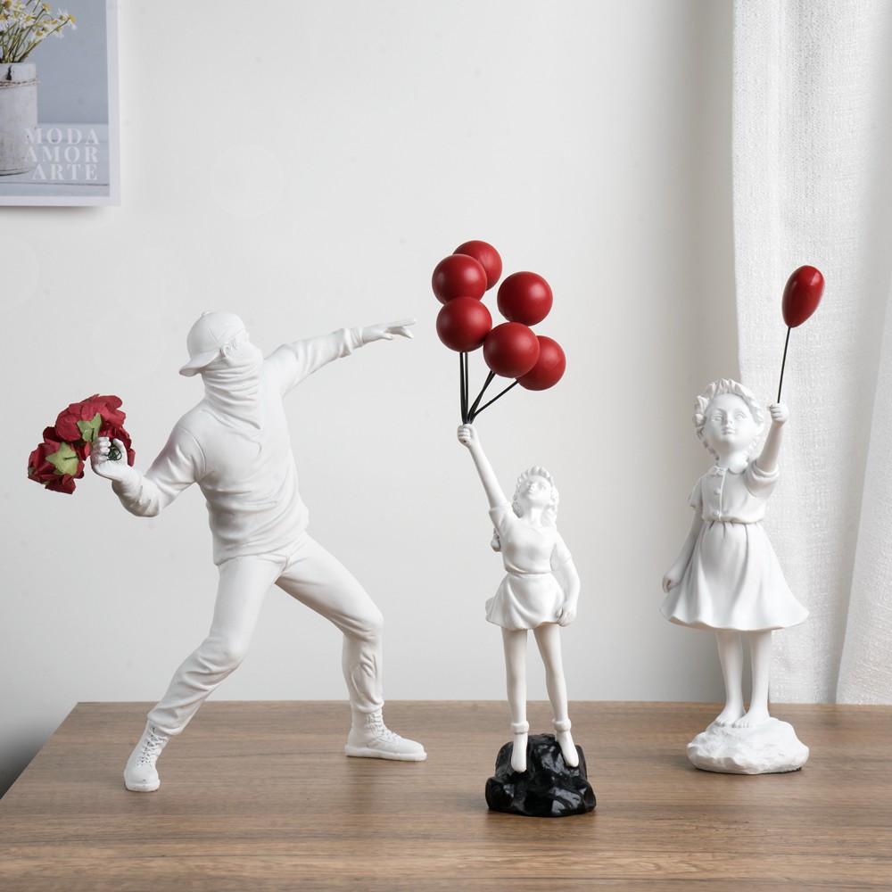 Colección de escultura de Vilead Banksy, estatua lanzadora de flores, arte Pop, globo moderno, estatuilla de niña, decoración del hogar para oficina y calle