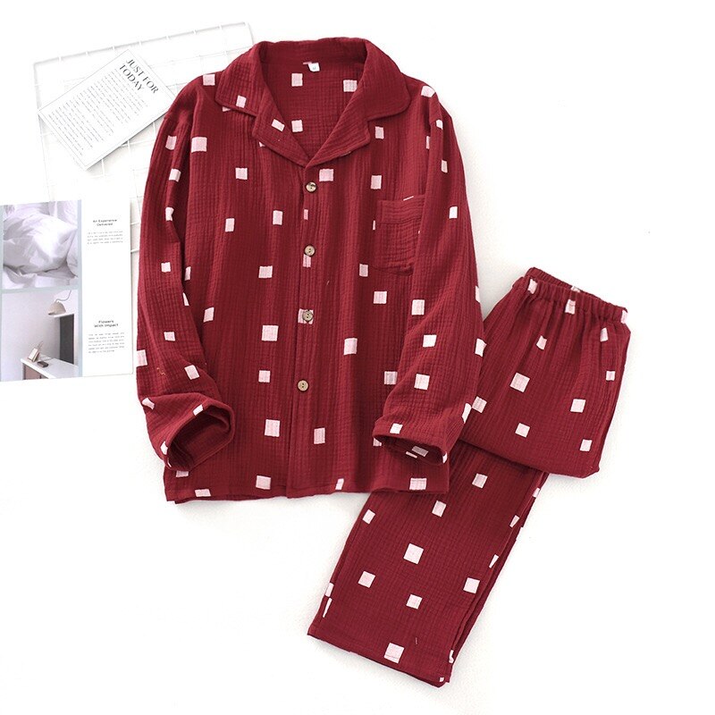 Spring Men's Gauze Cotton Pajamas Set Simple Style Turn-Down Collar Sleepwear Set Full Sleeve Clothes+Pants 2Pcs Homewear: Wine / L