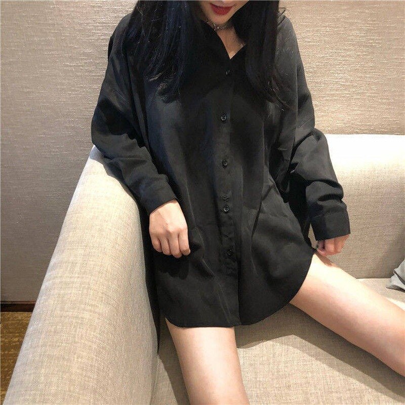 Blusas de gasa para mujer, camisas de manga larga negras BF Ulzzang, blusas holgadas combinables a la para mujer, Tops Chic informales sencillos para estudiantes