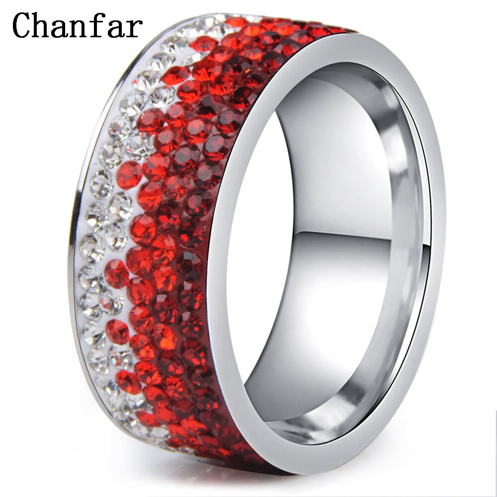 Chanfar 6 7 8 9 10 størrelser aaa krystall ring kjærlighet sjarm rustfritt stål ringer for kvinner kvinnelige mannlige smykker: 10 / Rød stil