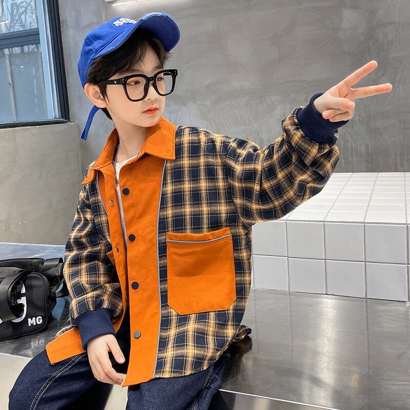 Camisa de manga larga para niños, ropa informal naranja para adolescentes, camisas a cuadros para escuela, Primavera, nueva , blusa para niños, prendas de vestir exteriores