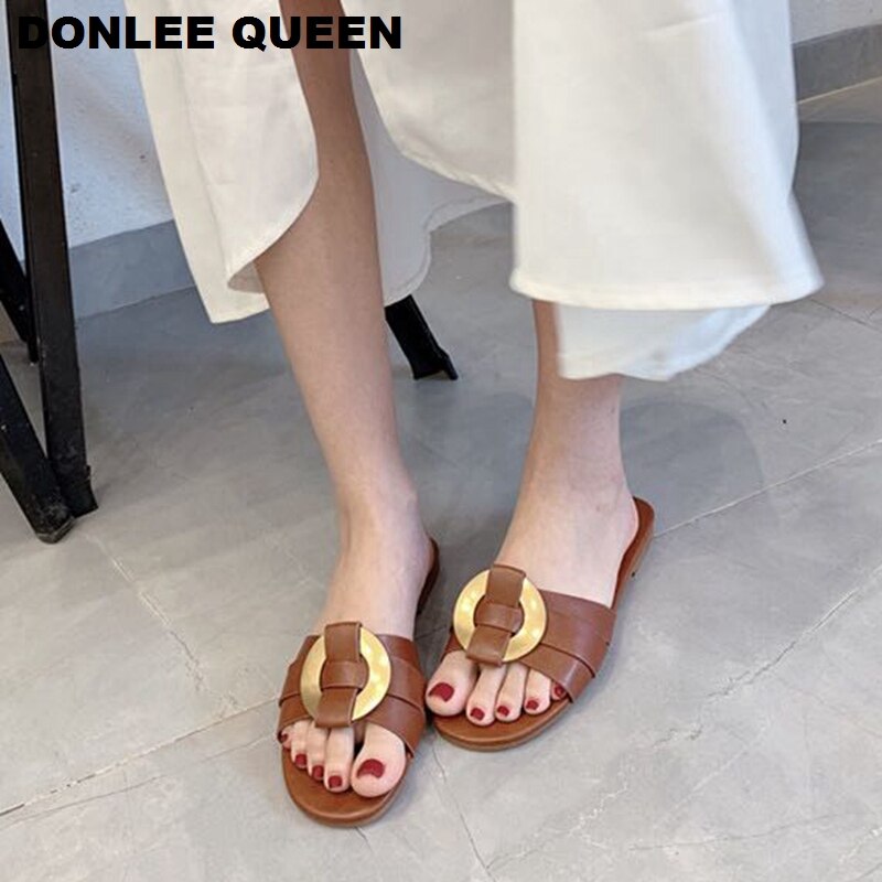 Zomerslippers damesmerk slide flat casual sandaal dames strand slippers metalen gesp pantoffel grote maat 41 schoenen vrouw