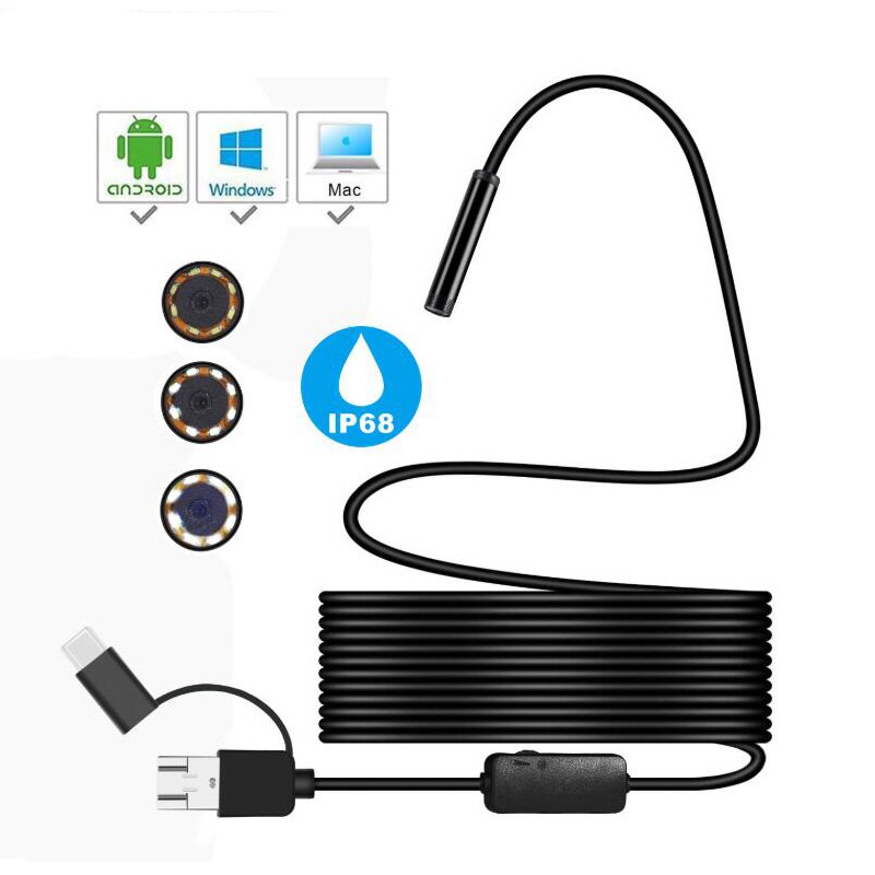 3-in-1 Endoscope Camera 8mm 720P USB Mini Camera IP67 Waterproof 8 LED Endoscopy Camera For Windows Macbook PC Android