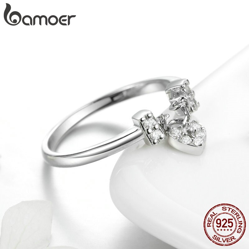 BAMOER Genuine 925 Sterling Silver Love Heart Lock Luminous CZ Wedding Rings for Women Sterling Silver Jewelry SCR466