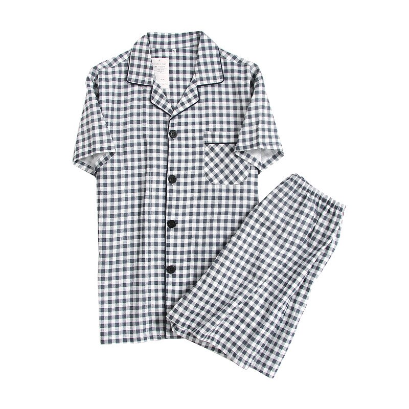 Kortermet sommer bomullsgarn #39 menn natttøy rutete turn-down krage menn pysjamassett pluss størrelse pyjamas pyjamas sovedresser: Marinen / Xl