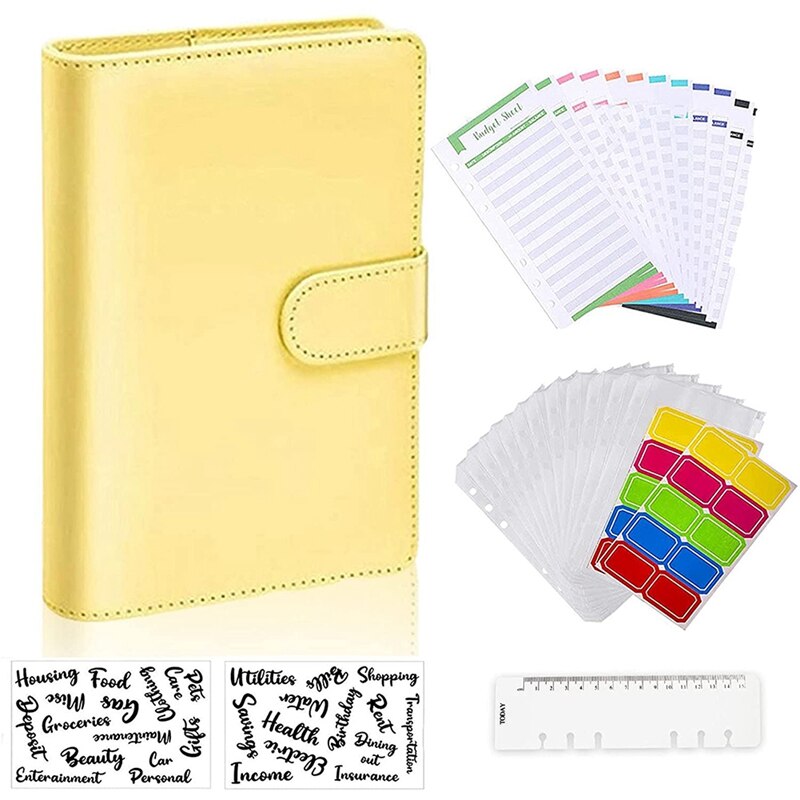 A6 Notebook Binder Budget Planner Organizer 6 Ring Binder Cover,Binder Pockets,Expense Budget Sheets Sticking Ruler: Yellow