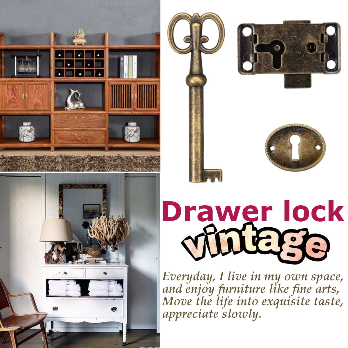 1 sæt klassisk lås skuffeskab garderobeskab dør zink legering lås antikke møbler bord skuffelåse med nøgle
