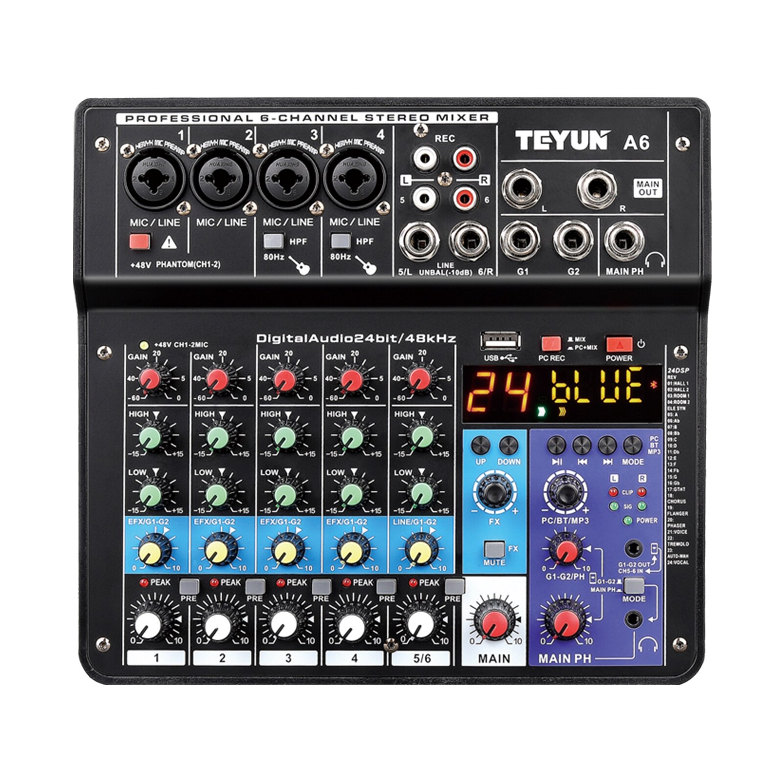 Wireless 6-Channel Audio Mixer Portable Sound Mixing Console USB Interface Computer Input 48V Phantom Power Monitor for Input