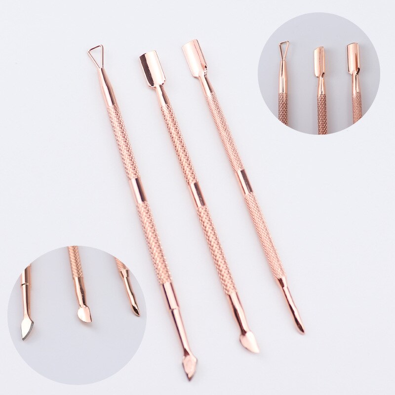 3Pcs Gold Rvs Cuticle Pusher Nail Art Pedicure Manicure Gereedschap Nagelvijl Dode Huid Push Cuticle Remover Nail pusher