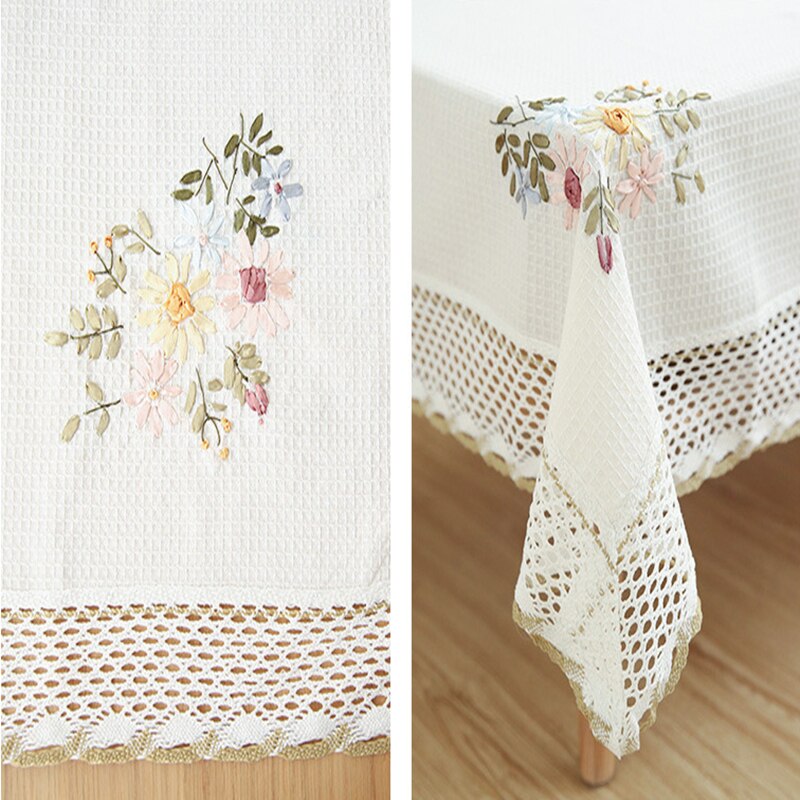 European Small Fresh Floral Tablecloth White Hollow Lace Cotton and Linen Tea Table Cloth TV Cabinet Table Cover Banquet Decor