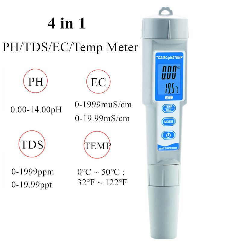 4 in 1 ph/ tds/ec/temp mätare vattentät ph-mätare vatten ph-testare för pooler, dricksvatten, akvarier 40%  off: D