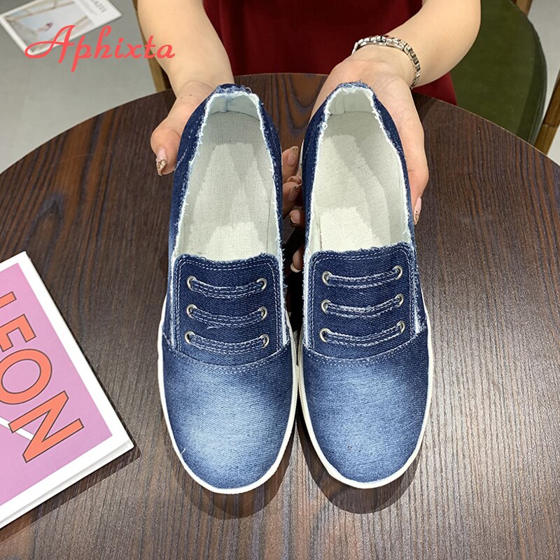 Aphixta plus stor storlek 43 denim tyg plattor skor kvinnor sneakers platt klack skor kvinna jean tyg platåklackar sko
