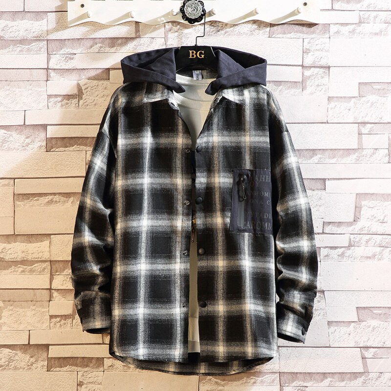 Plaid Men Long Sleeve Shirt Loose Japanese Streetwear Casual Shirts With Hoodied Plus Asian Size M-5XL: XL FOR 175 CM 75KG