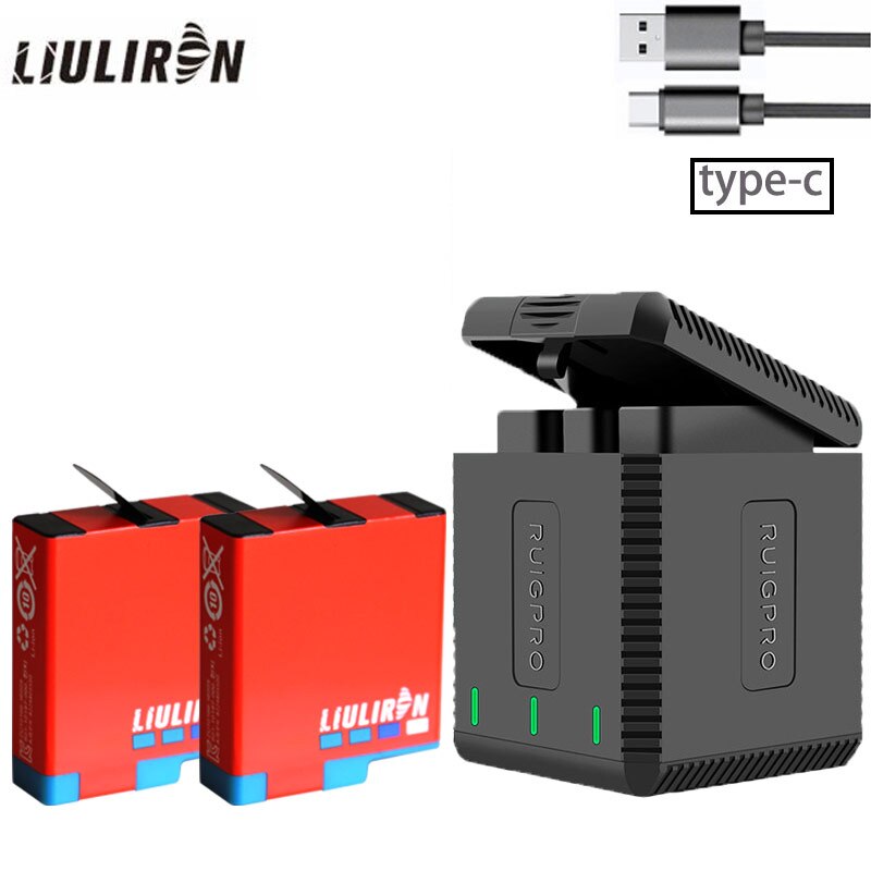 Hög kvantitet helt avkoda go pro hero 8 batteri  + 3 portar typ-c laddare för gopro go pro hero 5 6 7 8 svarta kameratillbehör: Laddare och 2 batterier