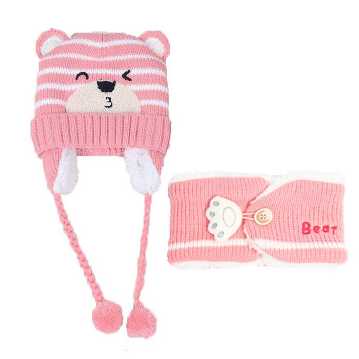 Kind Mutsen Cap Set Baby Kids Cartoon Streep Knit Voegen Fluwelen Hoed En Sjaal Winter Warm Pak Set Roze grijs: pink